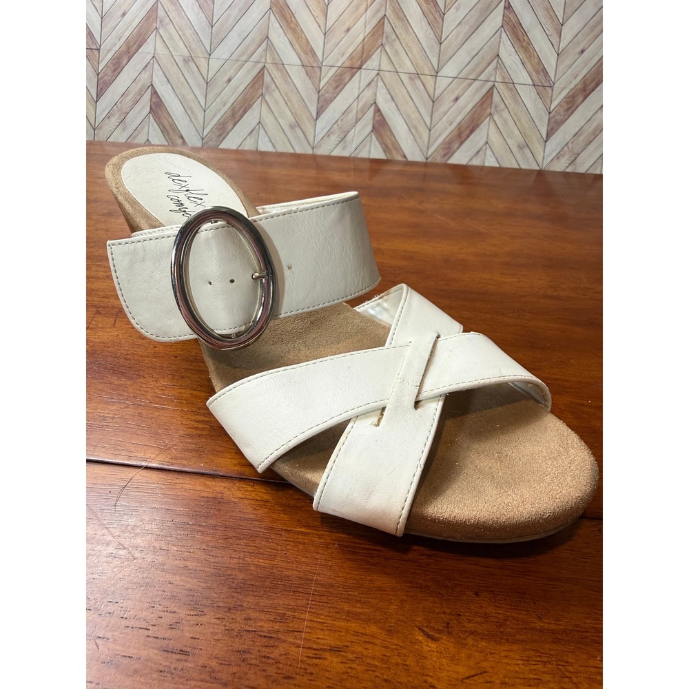 Dexflex Comfort Womens White Wedge Sandals Cork Heel Buckle‎ Slide 9.5 Classic